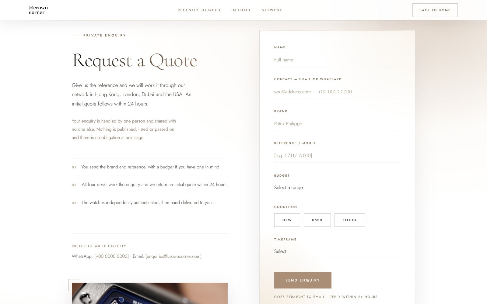 The Request a Quote page, with the enquiry form beside three steps