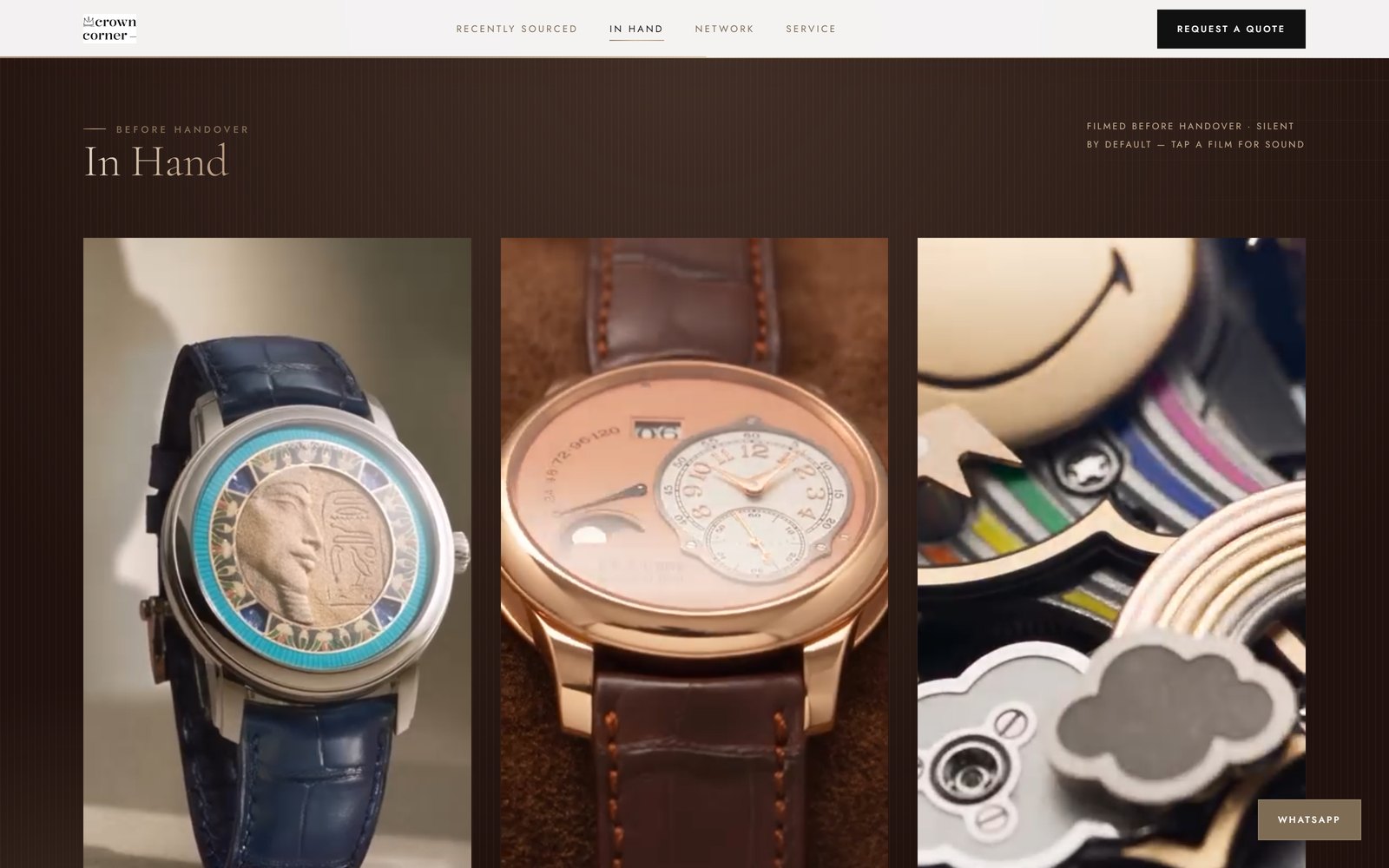 The In Hand section, three portrait films of watches before handover