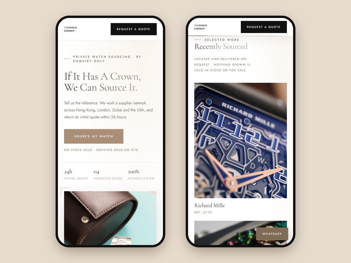 The home page and the Recently Sourced grid on a phone