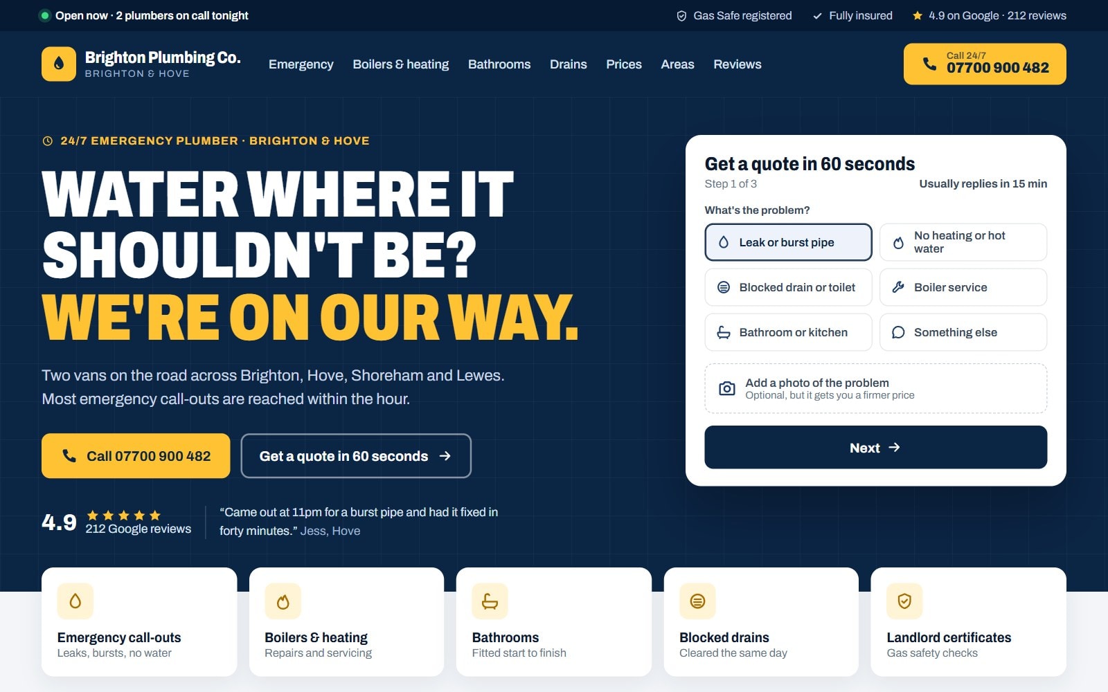 Brighton Plumbing Co. home page on desktop, with the call button, live status and quote form above the fold
