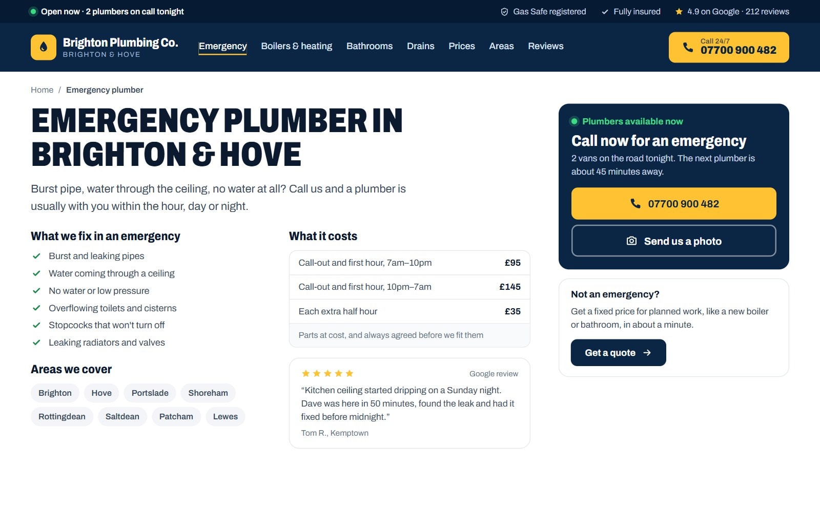 The emergency plumber page, with prices, areas covered and a live availability panel