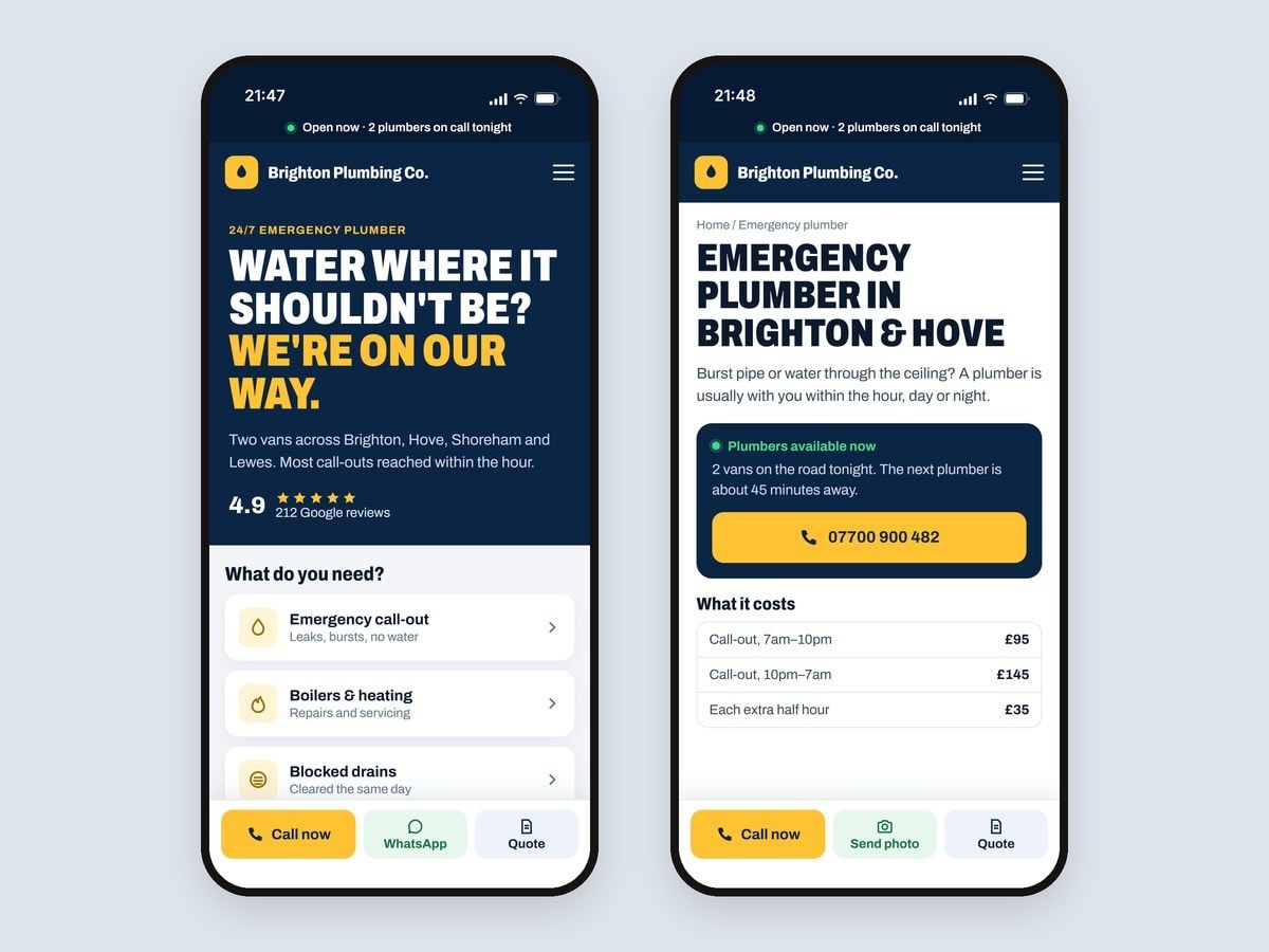 The home page and emergency page on a phone, with the call bar pinned to the bottom