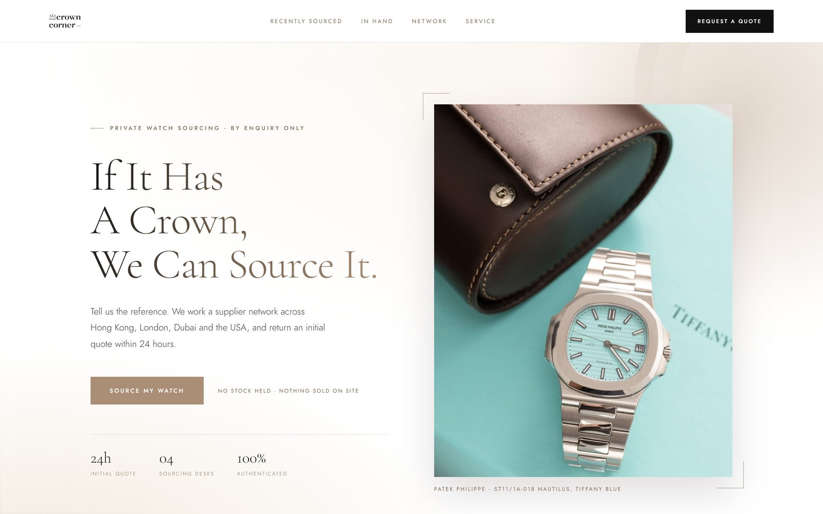 Crown Corner home page on desktop, with a Patek Philippe Nautilus beside the headline