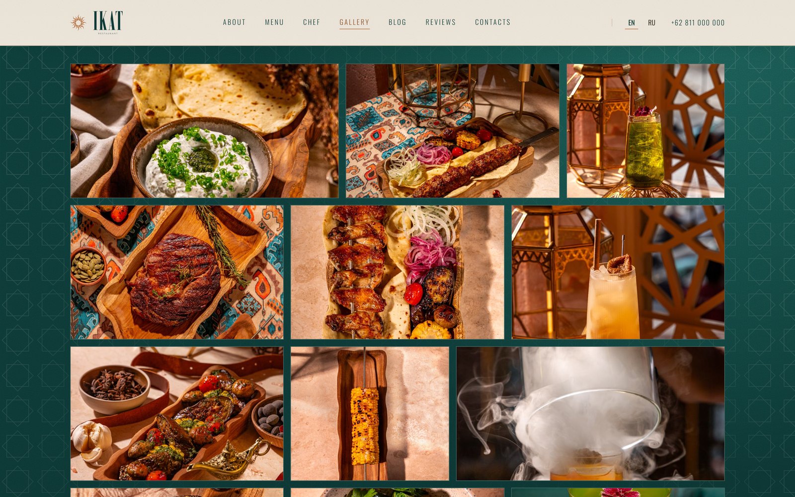 The gallery page, a grid of food and cocktail photographs