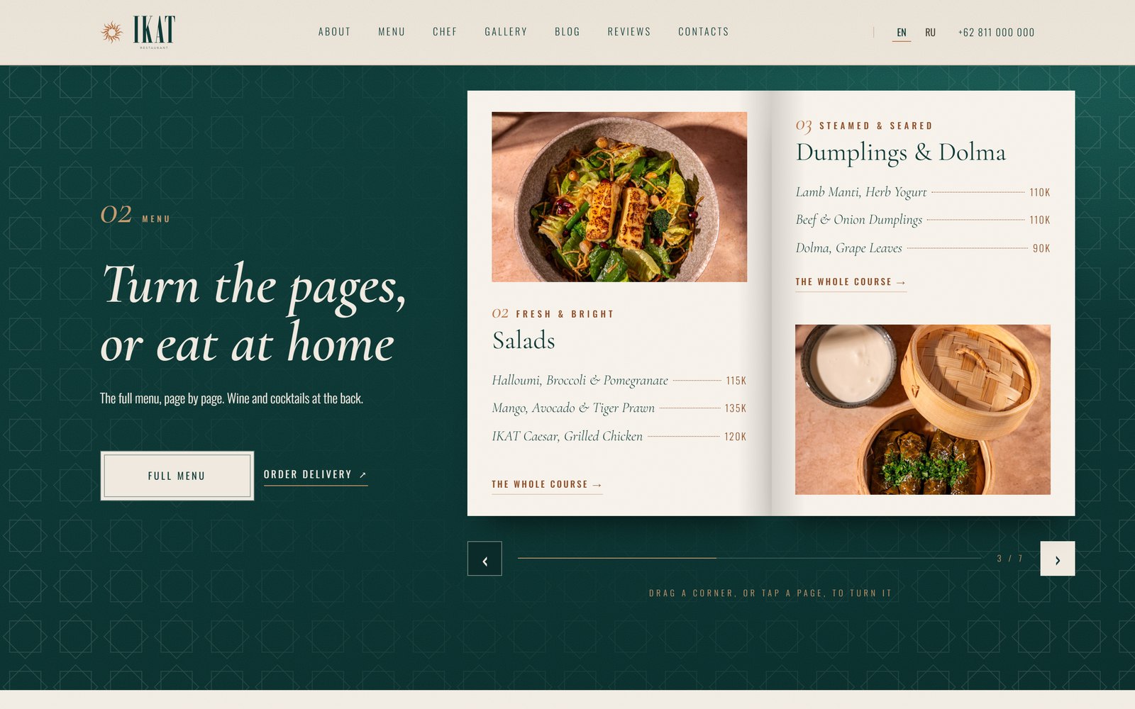 The menu book on the home page, open at salads and dumplings