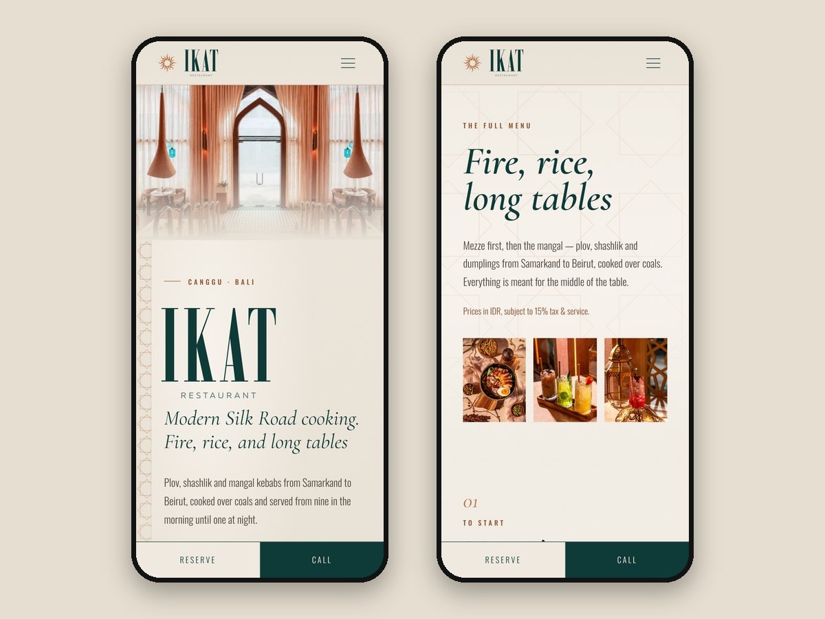 The home and menu pages on a phone, with the Reserve and Call bar