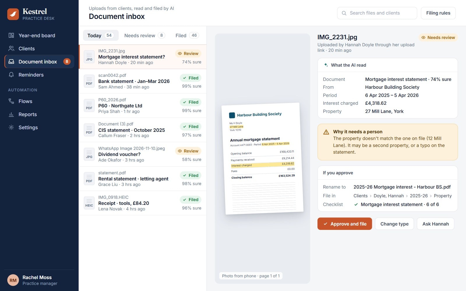 The document inbox, with a mortgage statement held for review because its address doesn't match the one on file