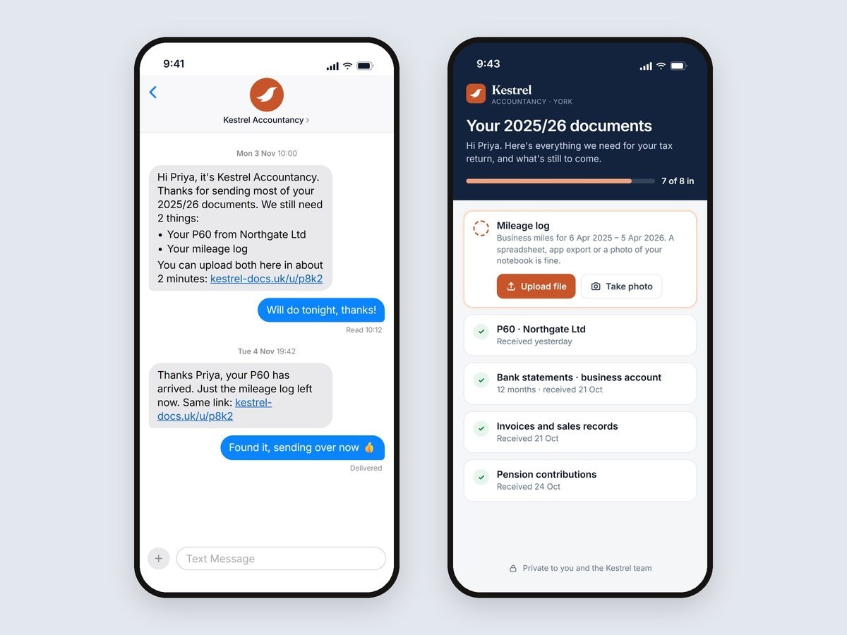 A text reminder naming two missing documents, and the client's upload page on a phone