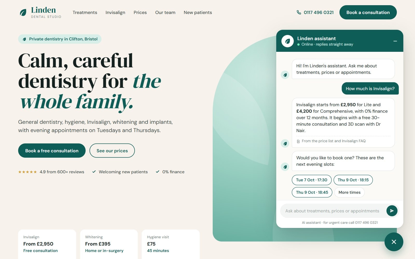 The practice website with the assistant open, answering a question about Invisalign prices and offering consultation slots