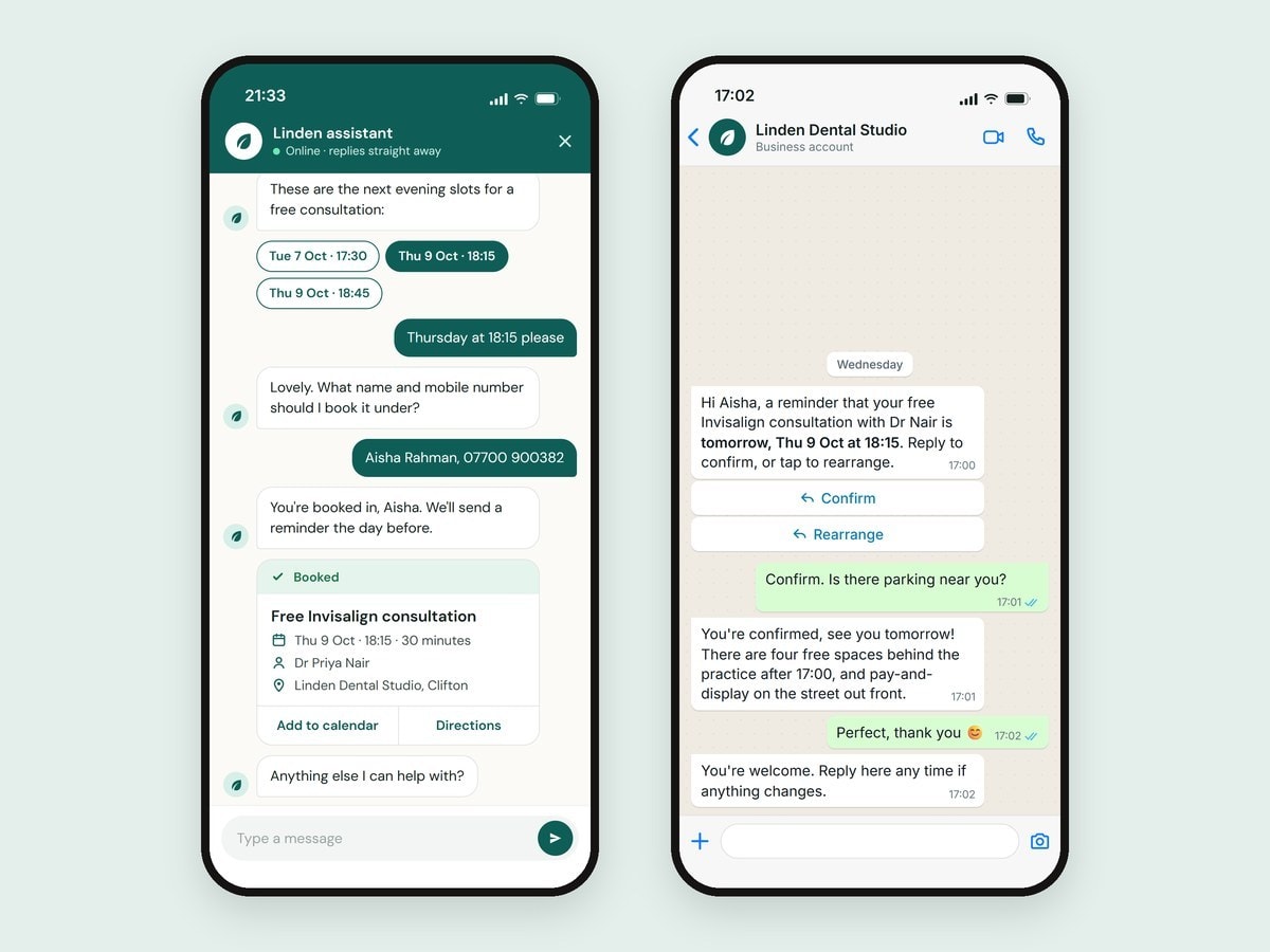 A consultation booked in the chat on a phone, and a reminder and a parking question answered on WhatsApp