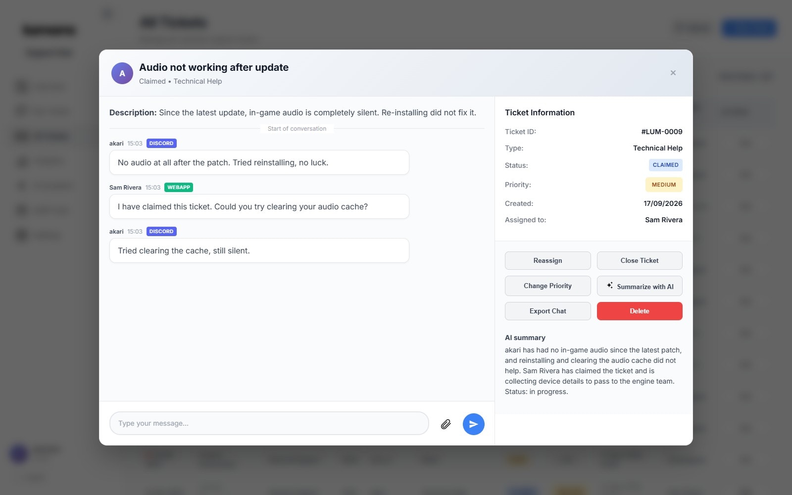 A ticket where the player writes in Discord and staff reply from the web, with an AI summary alongside