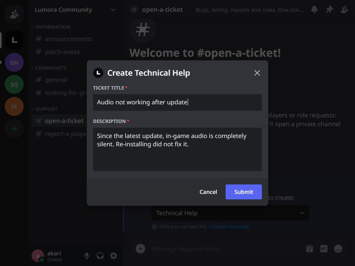 A player opening a ticket in Discord: the ticket type picked from a menu, then a title and description