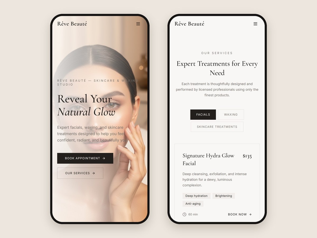 Home and services pages on a phone