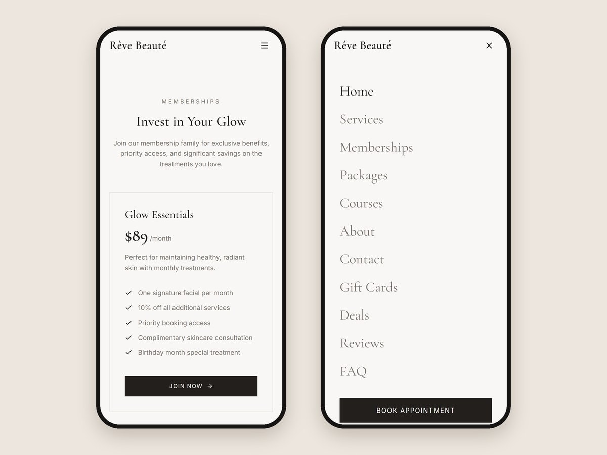 Memberships page and the full-screen menu on a phone