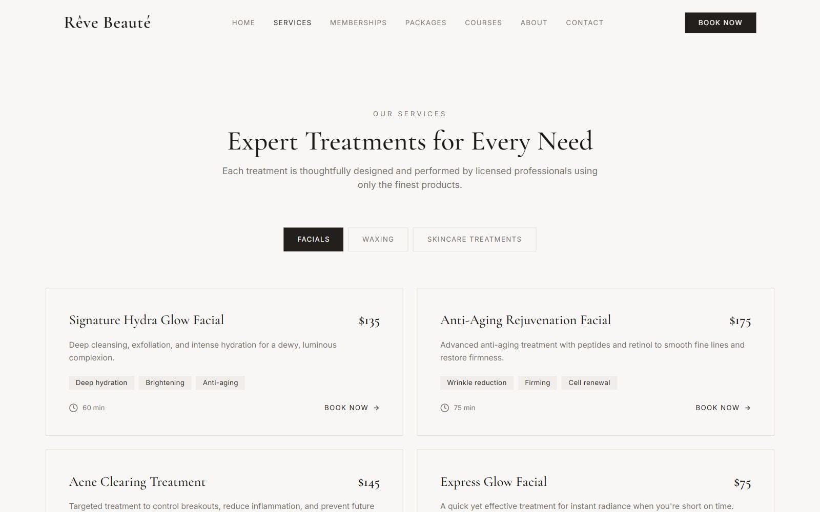 Services page with Facials, Waxing and Skincare tabs