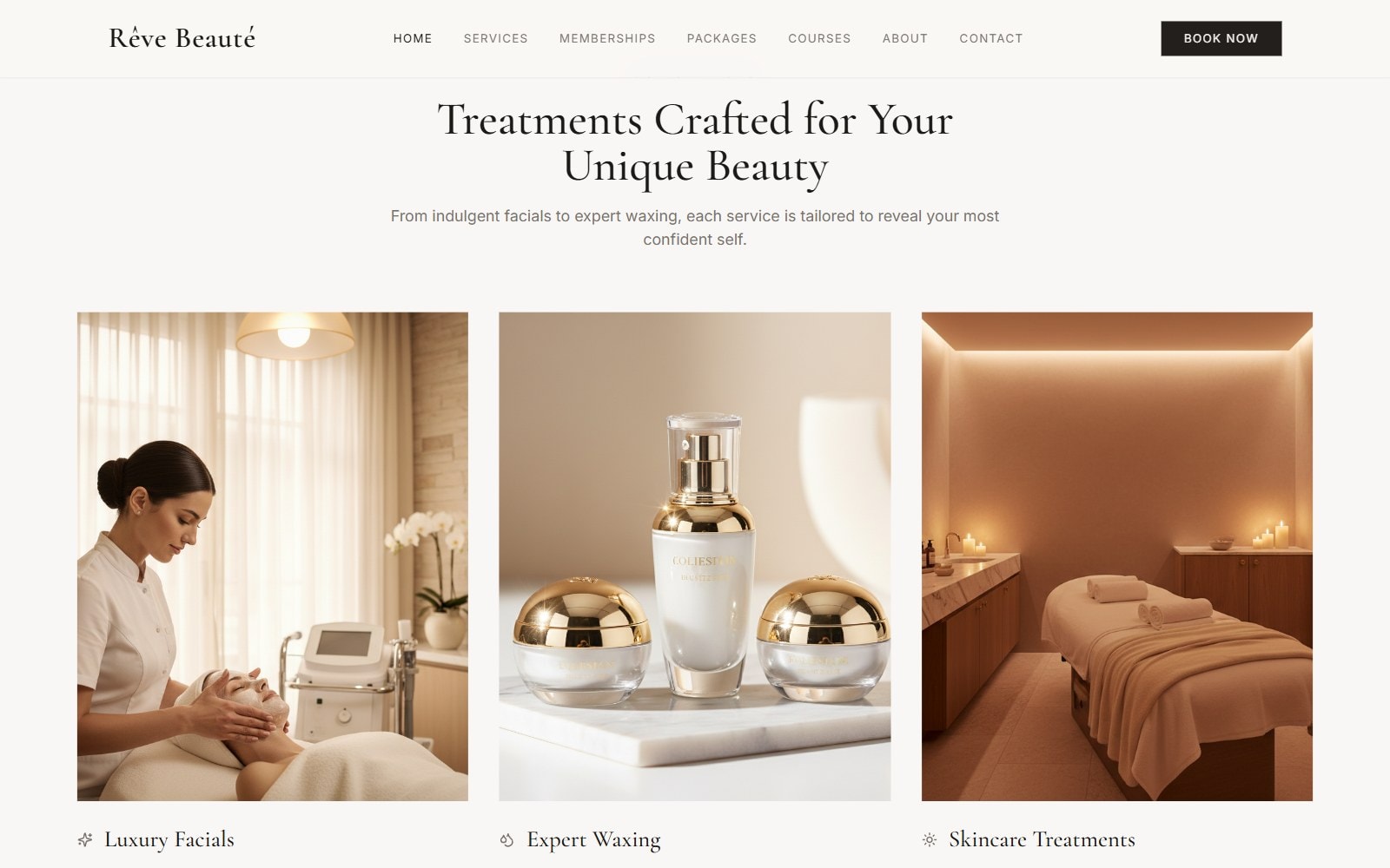 Home page treatments section: facials, waxing and skincare