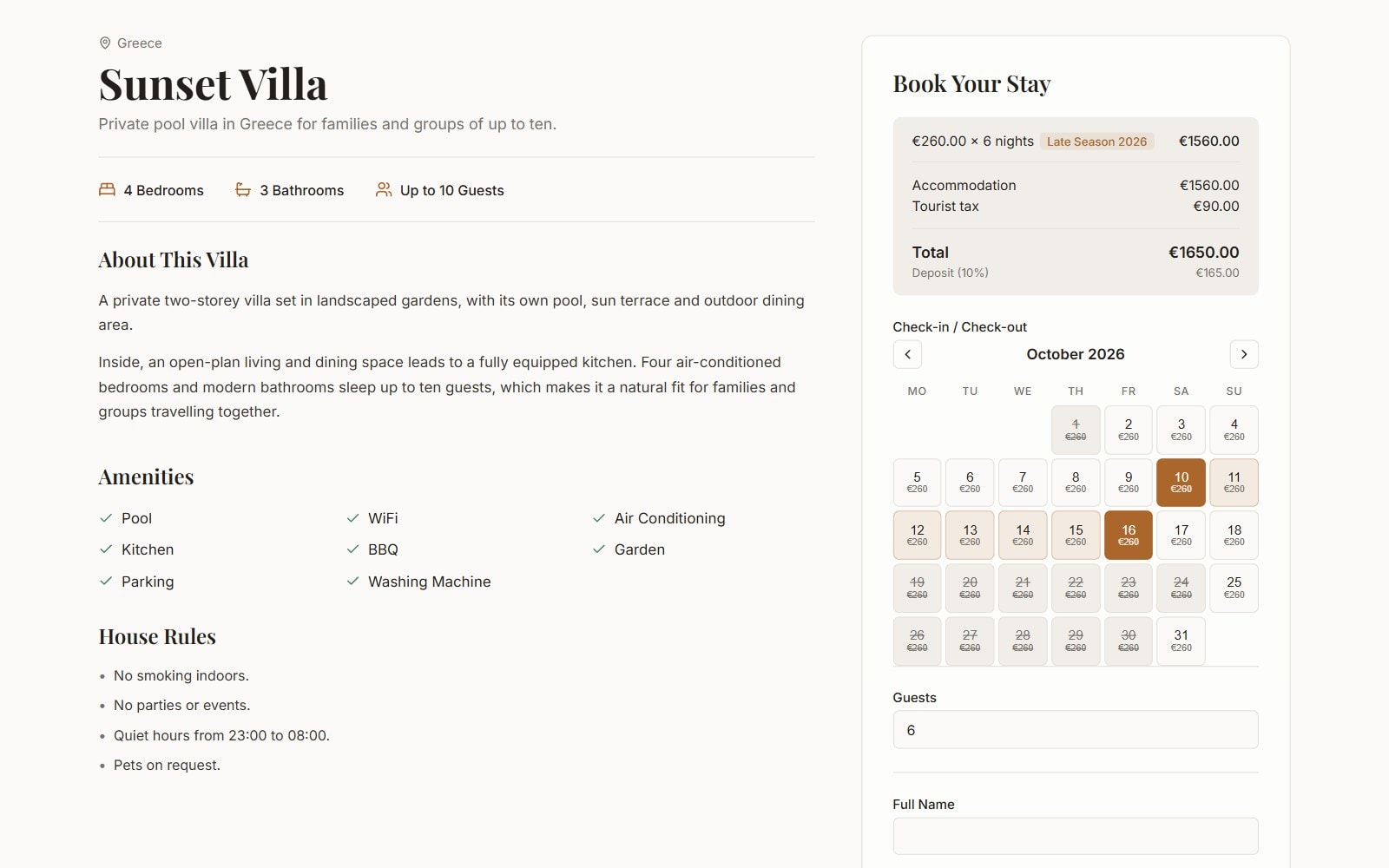 The villa details beside the booking calendar and price quote