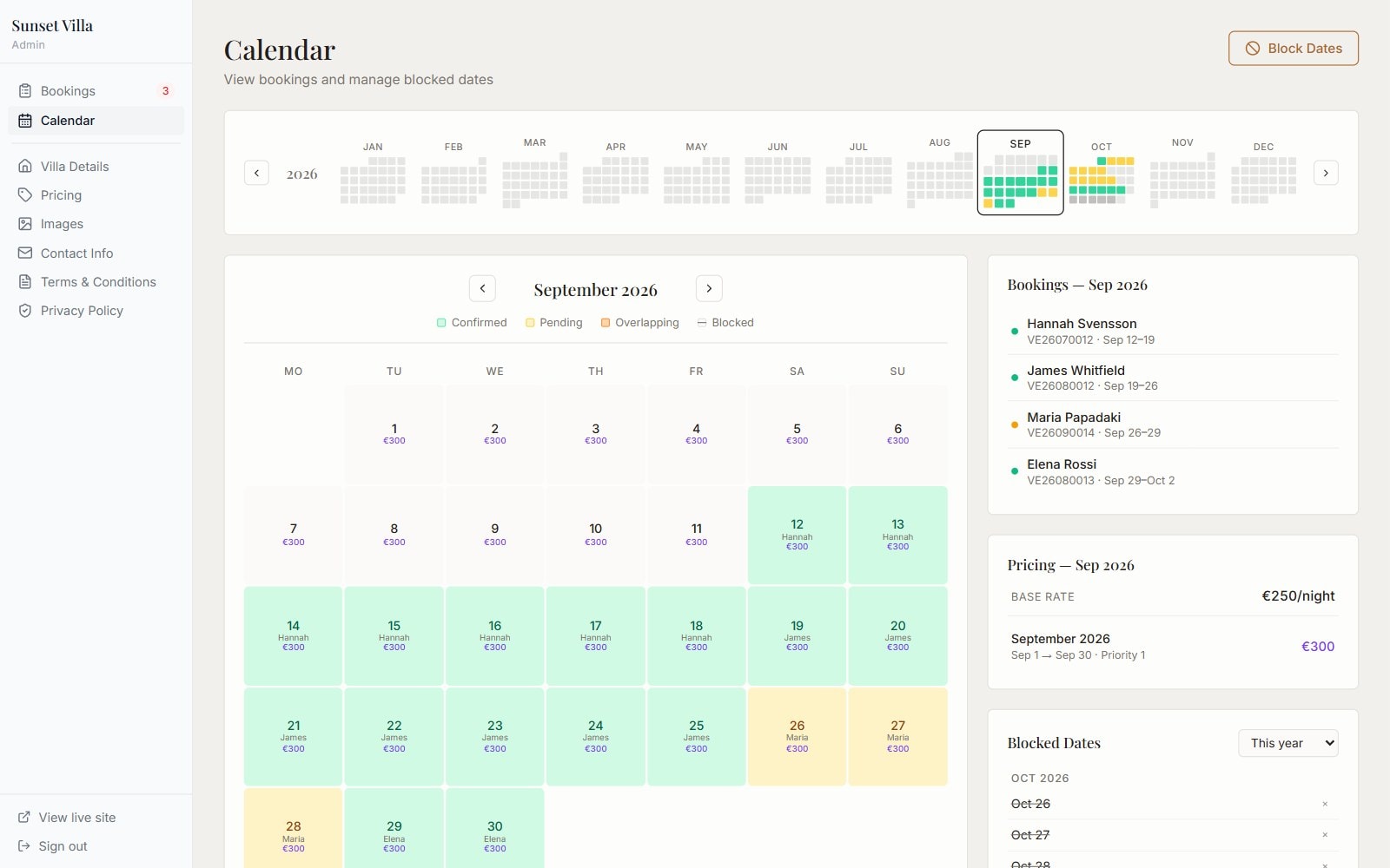 The owner's calendar with bookings and seasonal prices, shown with sample bookings