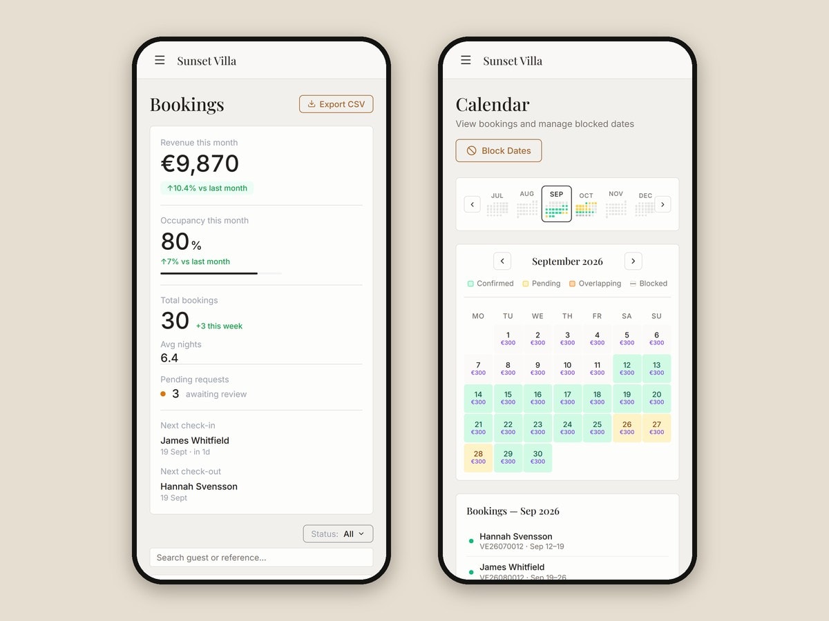 The owner's bookings dashboard and calendar on a phone
