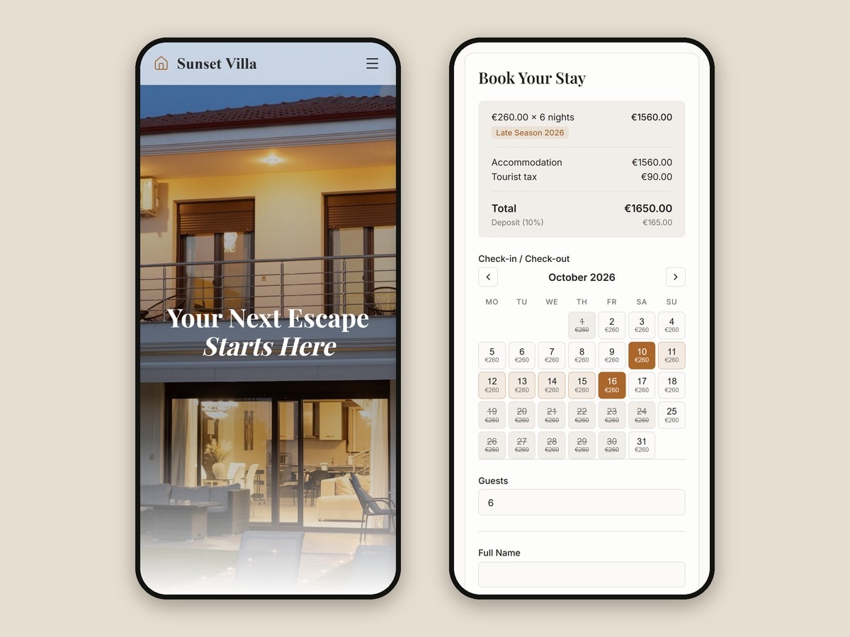 The villa home page and booking calendar on a phone